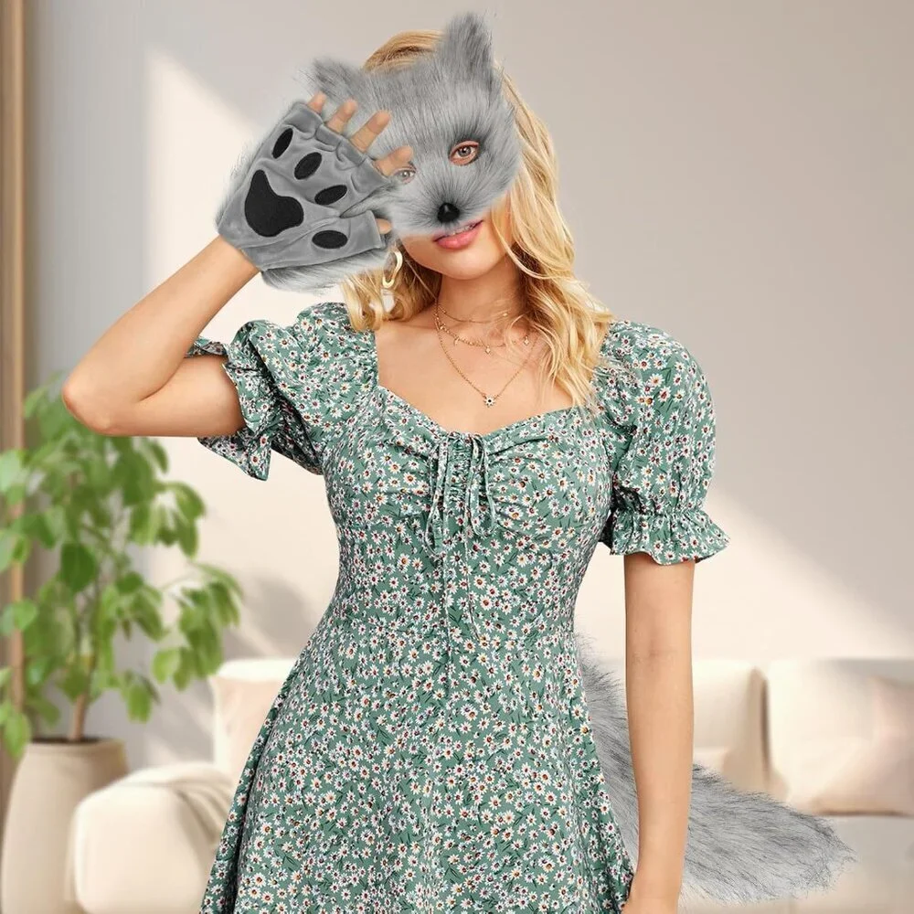 Furry Cat Fox Mask Tail Paws Gloves Set Costume Accessories for Halloween